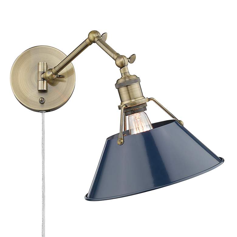 Image 4 Orwell Aged Brass Swing Arm Wall Lamp with Navy Blue Shade more views