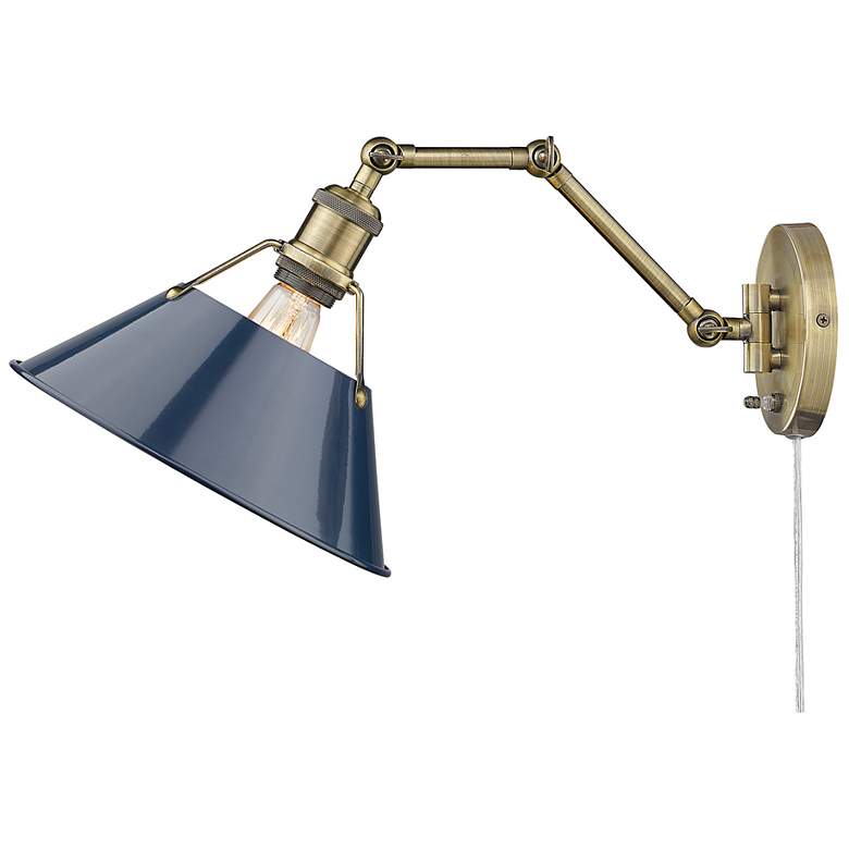 Image 5 Orwell Aged Brass Swing Arm Wall Lamp with Navy Blue Shade more views