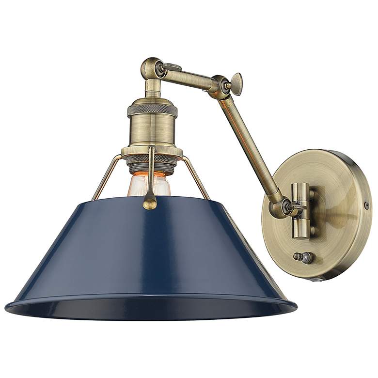 Image 6 Orwell Aged Brass Swing Arm Wall Lamp with Navy Blue Shade more views