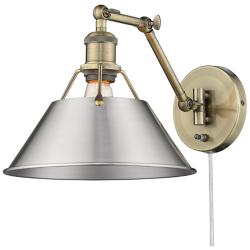 Orwell Aged Brass Swing Arm Wall Lamp with Pewter Shade
