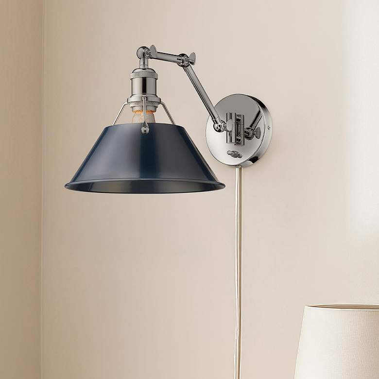 Image 1 Orwell Chrome Swing Arm Wall Lamp with Navy Shade