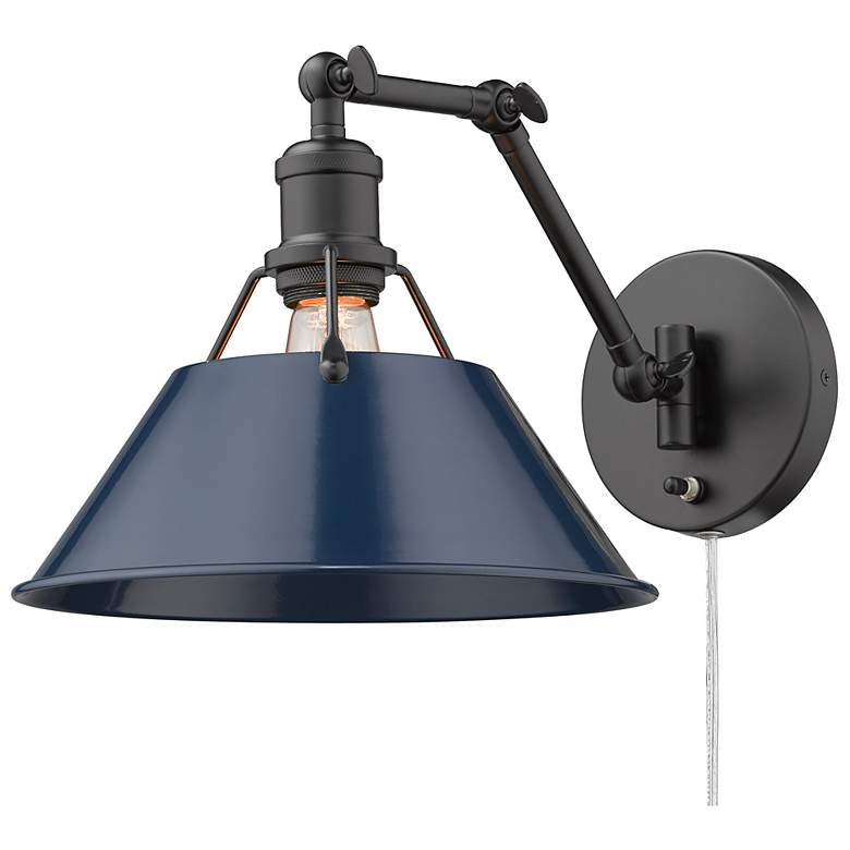 Image 1 Orwell Matte Black Swing Arm Wall Lamp with Navy Blue Shade