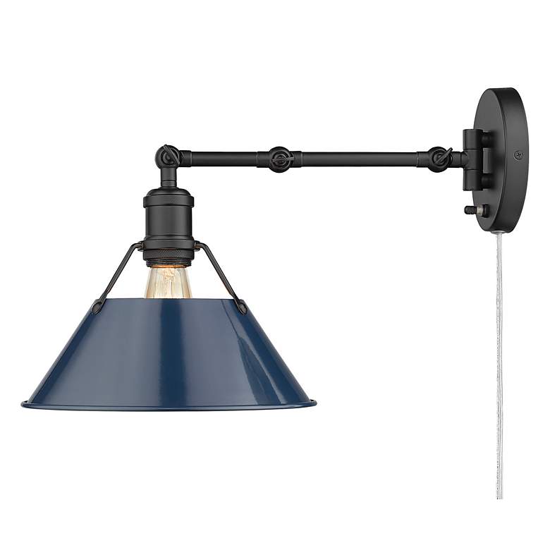 Image 2 Orwell Matte Black Swing Arm Wall Lamp with Navy Blue Shade more views