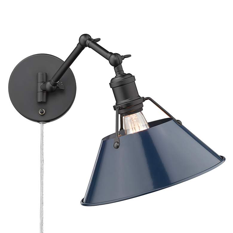 Image 3 Orwell Matte Black Swing Arm Wall Lamp with Navy Blue Shade more views