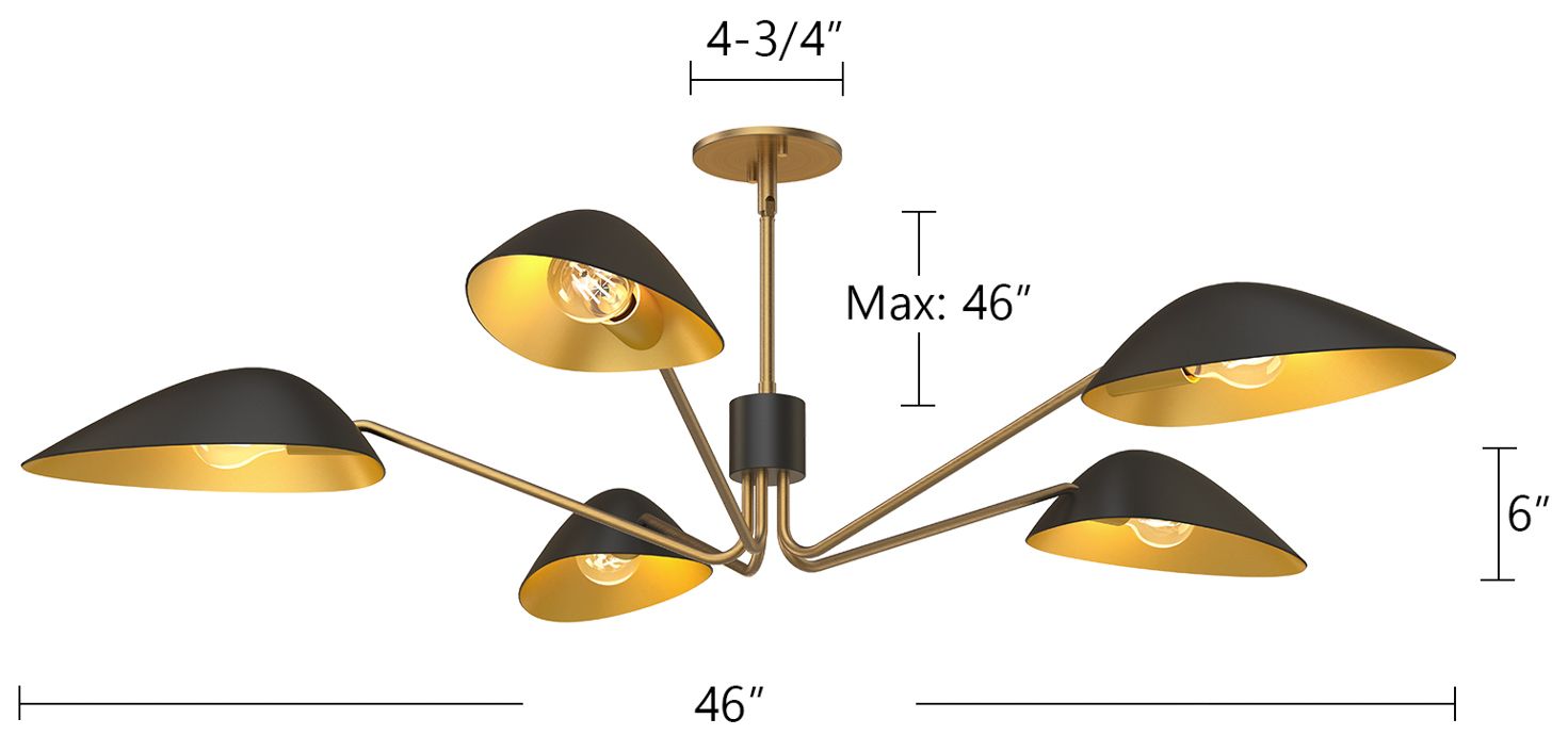 Oscar 46" Wide Aged Gold and Matte Black 5-Light Pendant