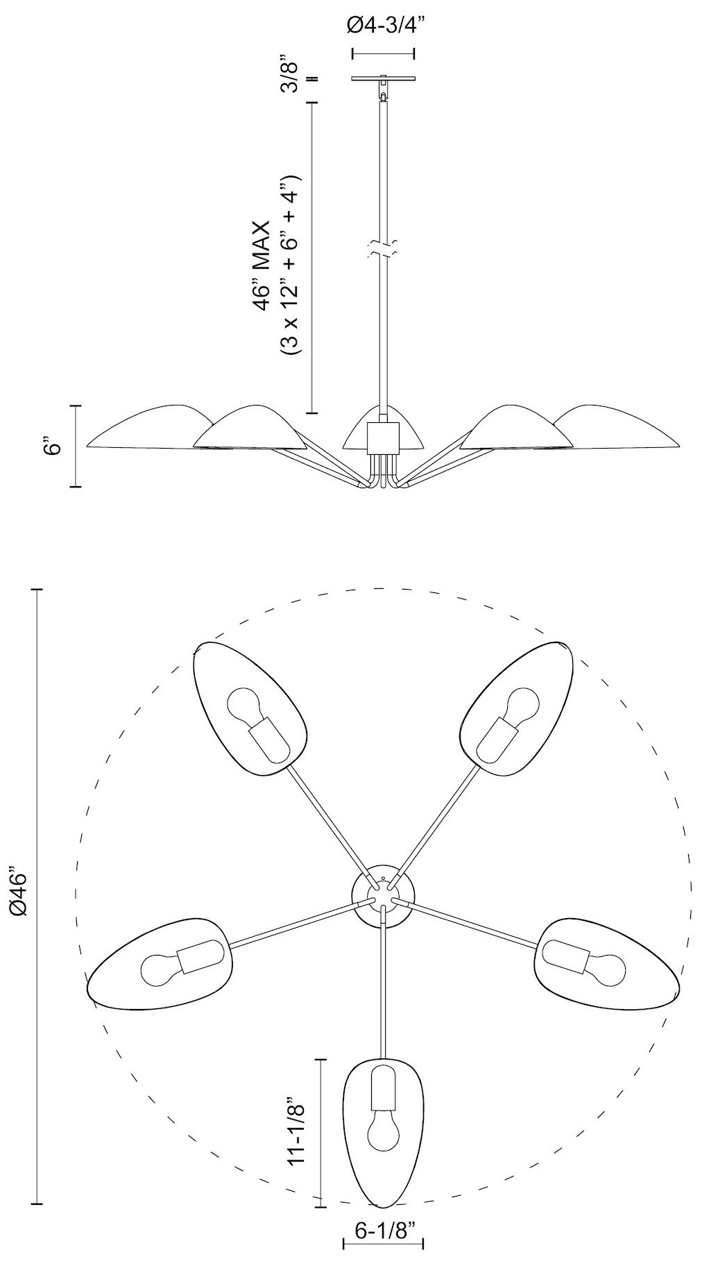 Oscar 46" Wide Aged Gold and Matte Black 5-Light Pendant