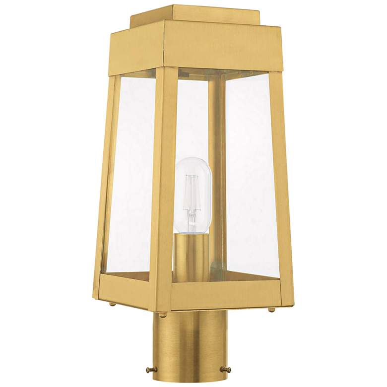 Image 1 Oslo 15 1/4" High Satin Brass Outdoor Lantern Post Light