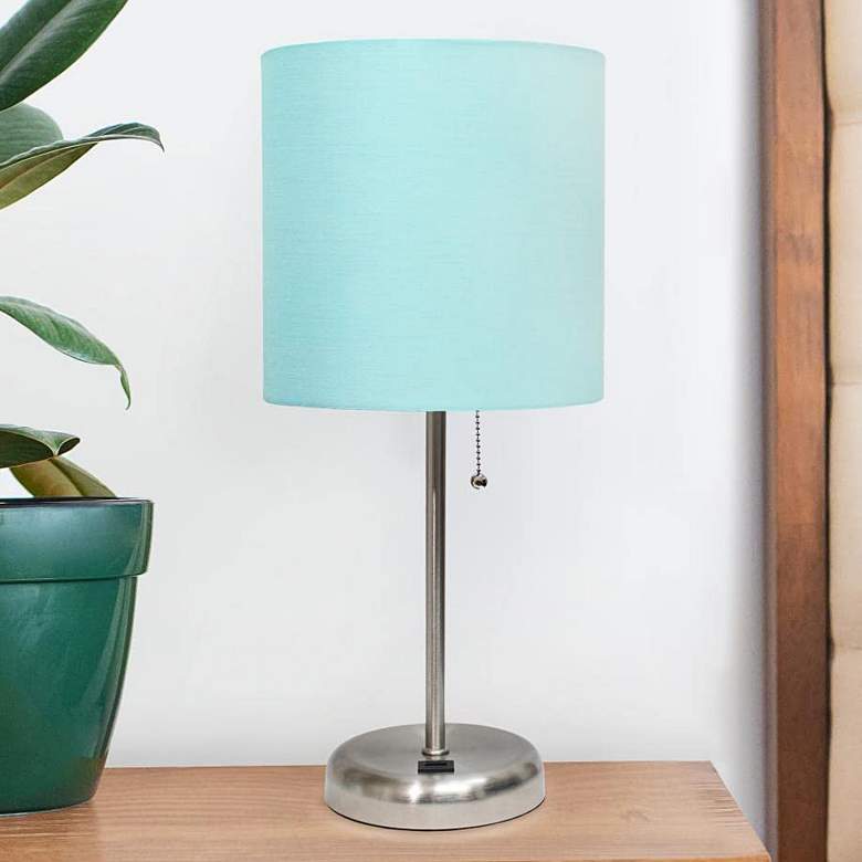 Image 1 Oslo 19 1/2 inch High Steel USB Table Desk Lamp with Aqua Shade