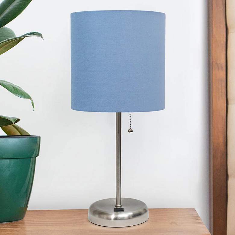 Image 1 Oslo 19 1/2 inch High Steel USB Table Desk Lamp with Blue Shade