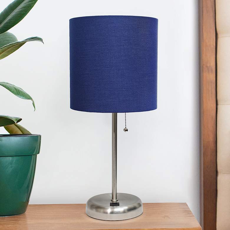 Image 1 Oslo 19 1/2 inch High Steel USB Table Desk Lamp with Navy Shade