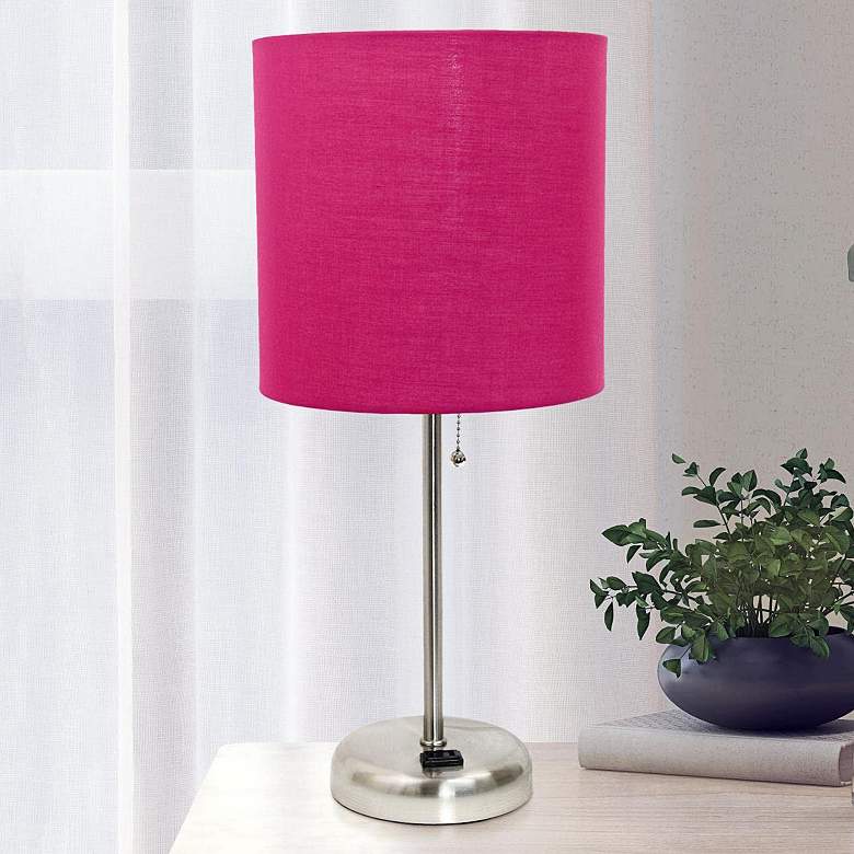 Image 1 Oslo 19 1/2 inch High Steel USB Table Desk Lamp with Pink Shade