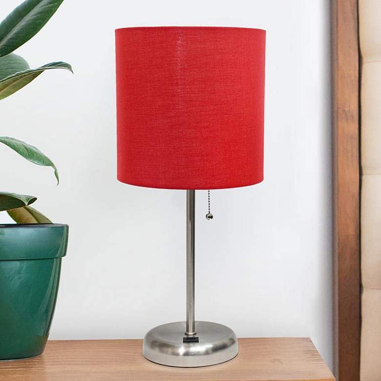 Image 1 Oslo 19 1/2 inch High Steel USB Table Desk Lamp with Red Shade