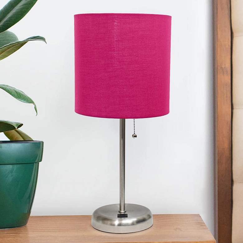 Image 1 Oslo 19 1/2 inchH Steel Outlet Table Desk Lamp with Pink Shade