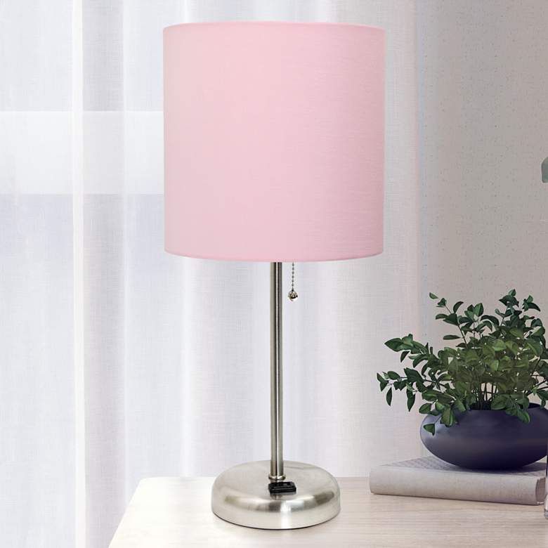 Image 1 Oslo 19 1/2 inchH Steel Outlet Table Lamp w/ Light Pink Shade