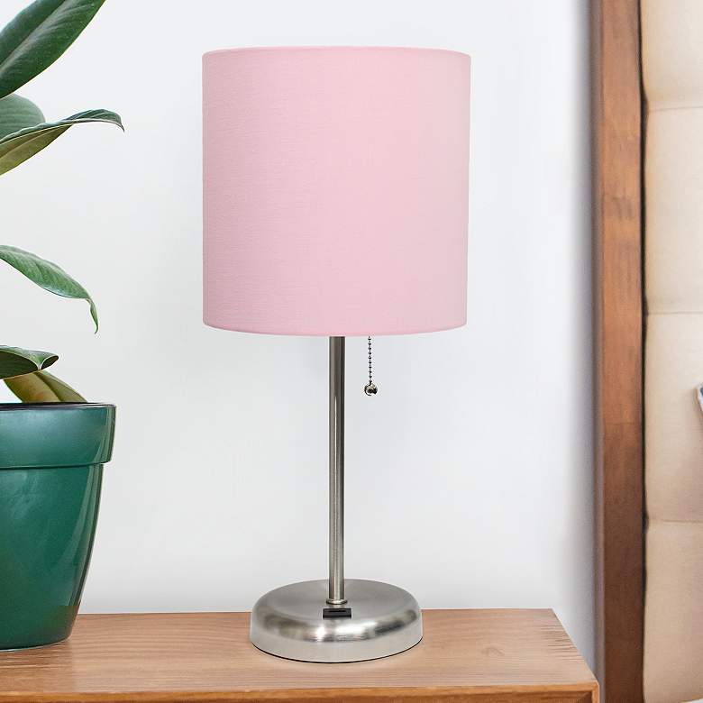 Image 1 Oslo 19 1/2 inchH Steel USB Table Desk Lamp w/ Light Pink Shade