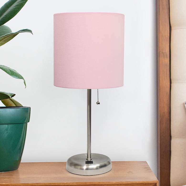 Image 1 Oslo 19 1/2"H Steel USB Table Desk Lamp w/ Light Pink Shade