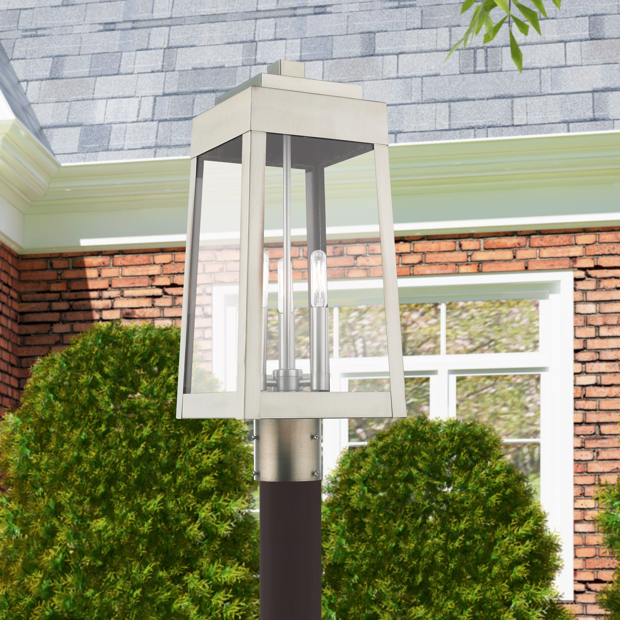 Oslo 3 Light Brushed Nickel Outdoor Post Top Lantern