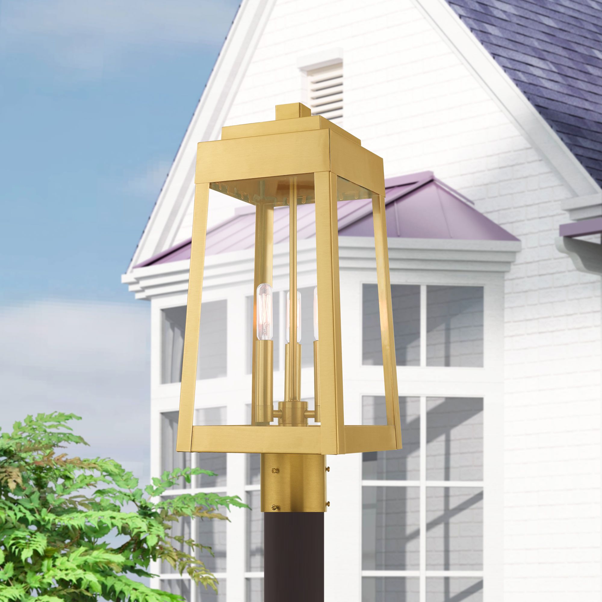 Oslo 3 Light Satin Brass Outdoor Post Top Lantern
