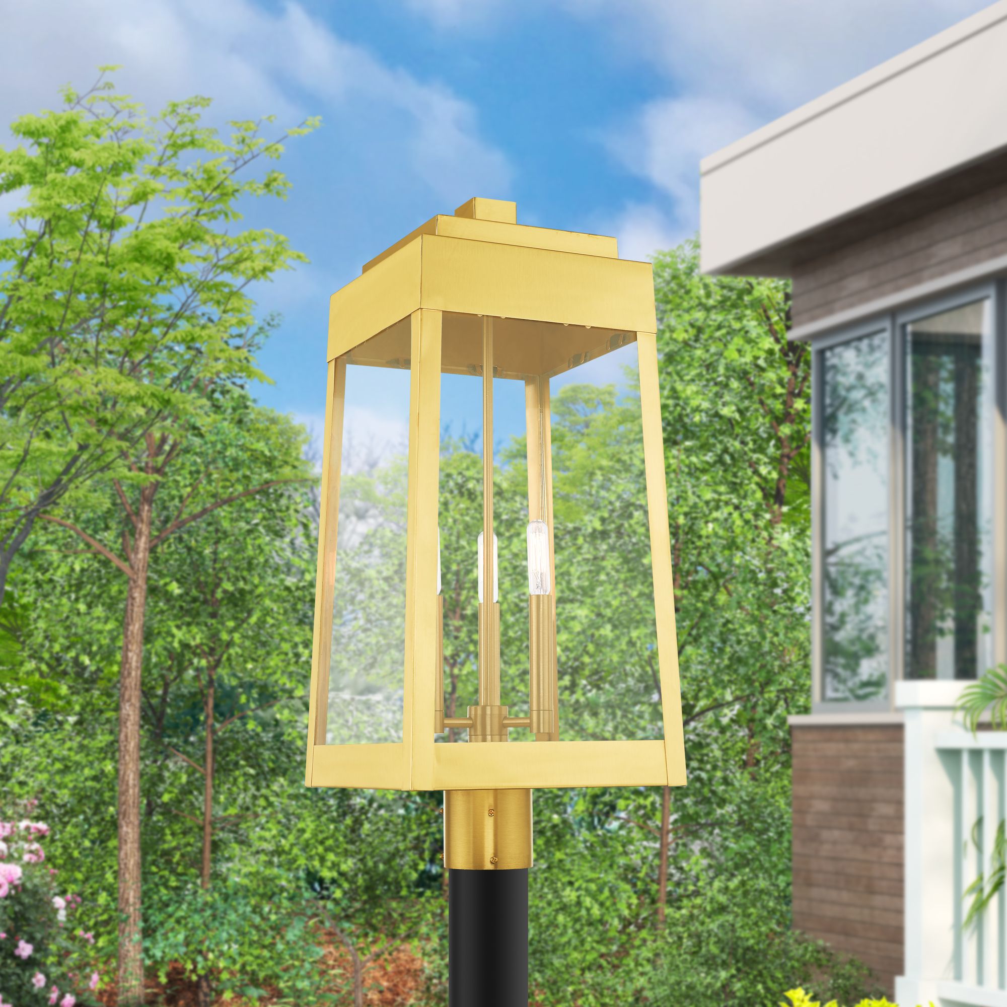Oslo 3 Light Satin Brass Outdoor Post Top Lantern