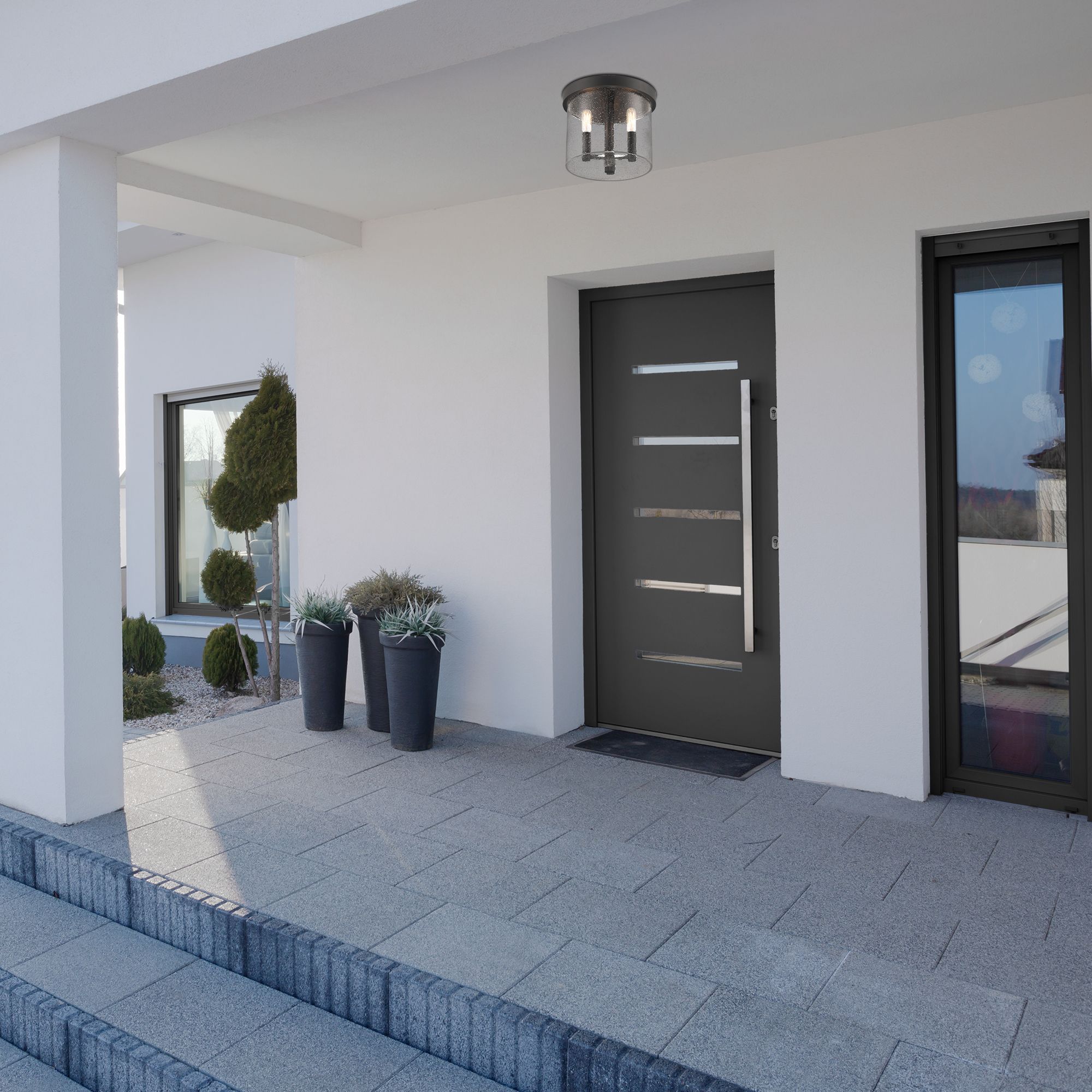 Otto 10 in. 3-Light Matte Black Modern Outdoor Flush Mount with Glass Shade