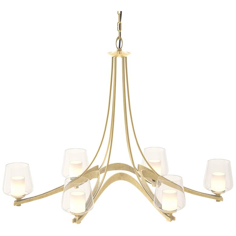 Image 1 Oval Ribbon 38.5 inchW 6 Arm Modern Brass Chandelier With Opal and Clear G