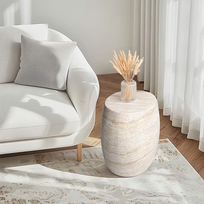 Image 6 Oval Travertine Stone Finish Italian Design MgO Side Accent Table more views