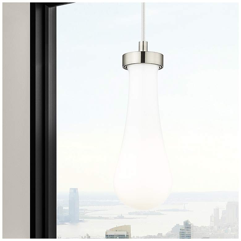 Image 1 Owego 4" Wide Satin Nickel Cord Hung Pendant With Gloss White Shade