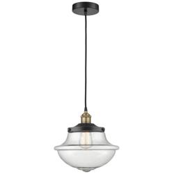 Oxford 11.75&quot; Wide Black Brass Corded Mini Pendant With Seedy Shade