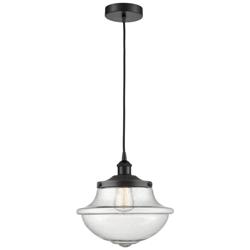 Oxford 11.75&quot; Wide Matte Black Corded Mini Pendant With Seedy Shade