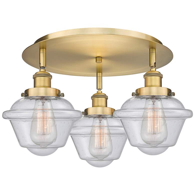 Image 1 Oxford 18.25" Wide 3 Light Brushed Brass Flush Mount With Seedy Glass