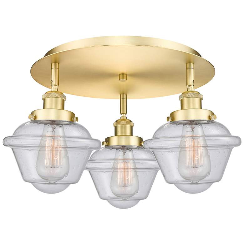 Image 1 Oxford 18.25" Wide 3 Light Satin Gold Flush Mount With Seedy Glass Sha