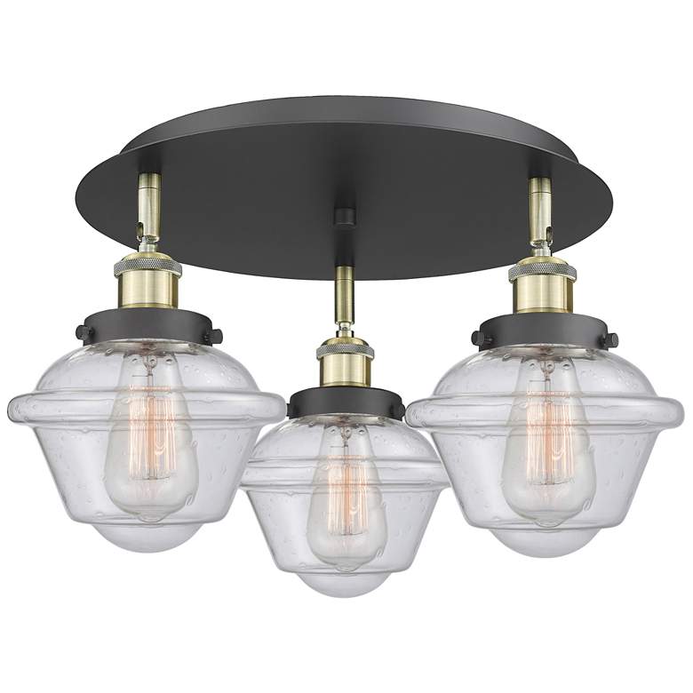 Image 1 Oxford 18.25"W 3 Light Black Antique Brass Flush Mount w/ Seedy Glass