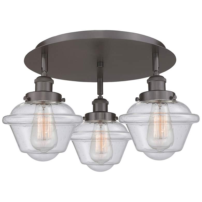 Image 1 Oxford 18.25"W 3 Light Oil Rubbed Bronze Flush Mount With Seedy Glass