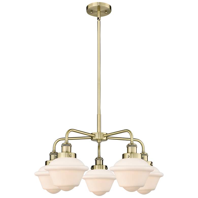 Image 1 Oxford 24.5"W 5 Light Antique Brass Stem Hung Chandelier w/ White Shad