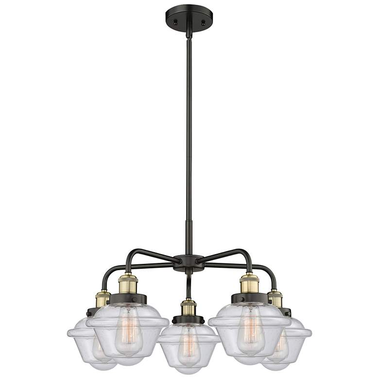 Image 1 Oxford 24.5"W 5 Light Black Brass Stem Hung Chandelier w/ Seedy Shade