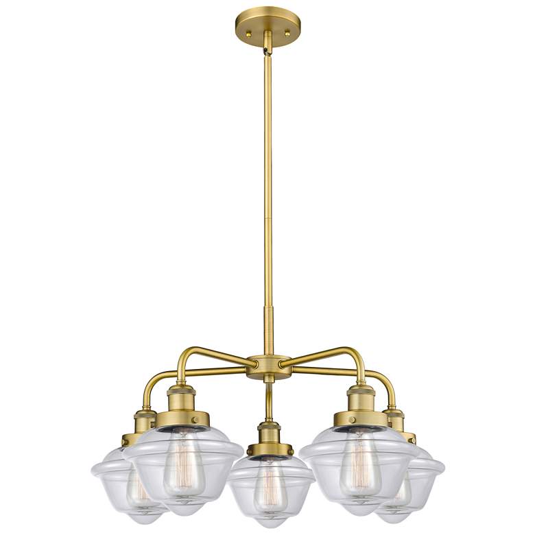 Image 1 Oxford 24.5"W 5 Light Brushed Brass Stem Hung Chandelier w/ Clear Shad