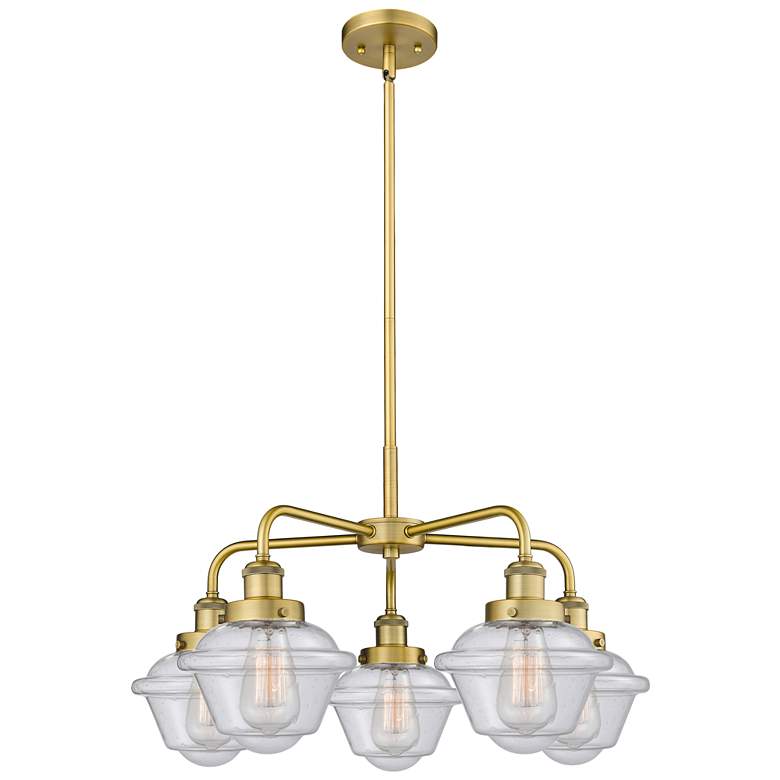 Image 1 Oxford 24.5"W 5 Light Brushed Brass Stem Hung Chandelier w/ Seedy Shad