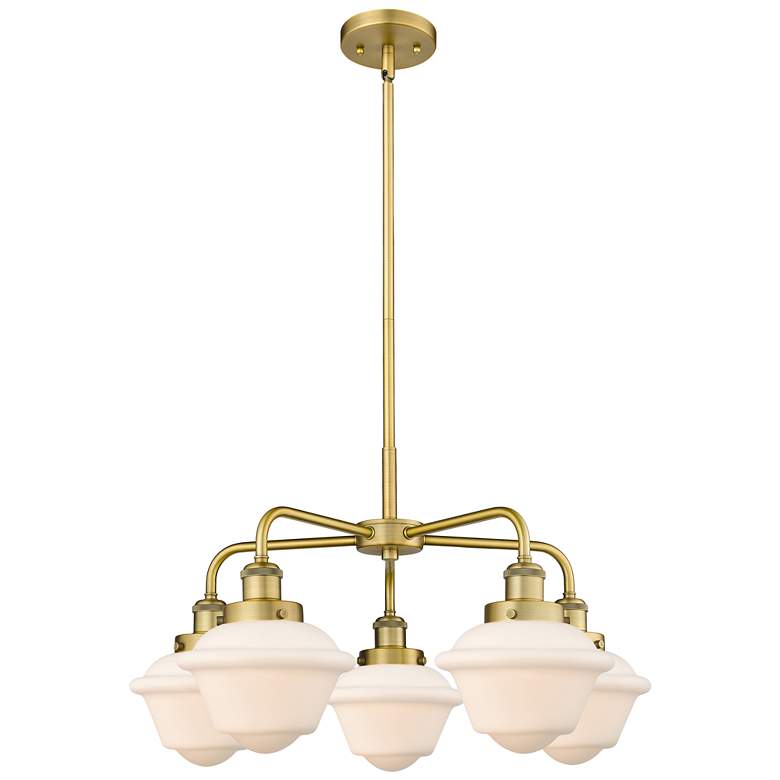 Image 1 Oxford 24.5"W 5 Light Brushed Brass Stem Hung Chandelier w/ White Shad