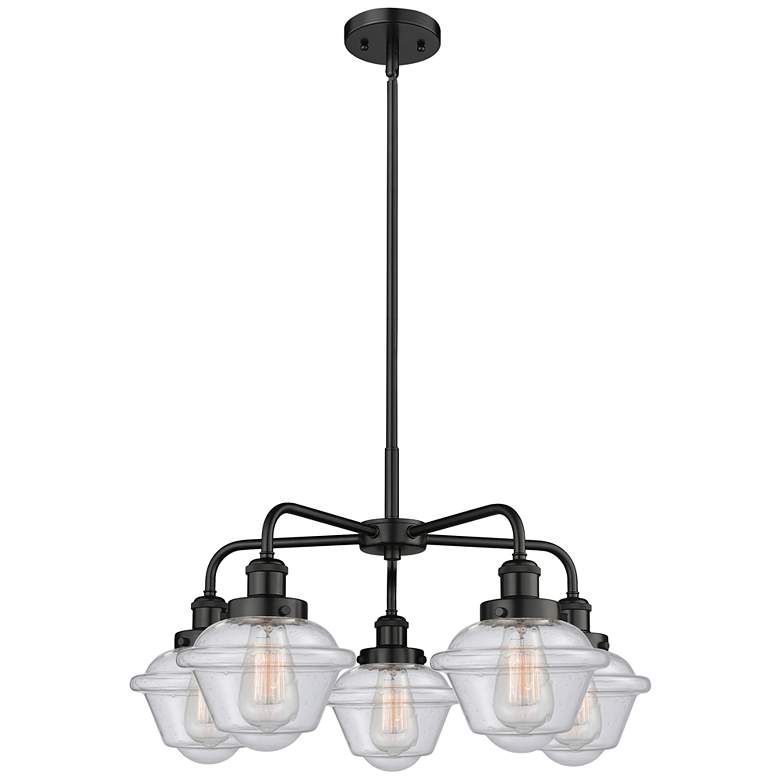 Image 1 Oxford 24.5"W 5 Light Matte Black Stem Hung Chandelier w/ Seedy Glass