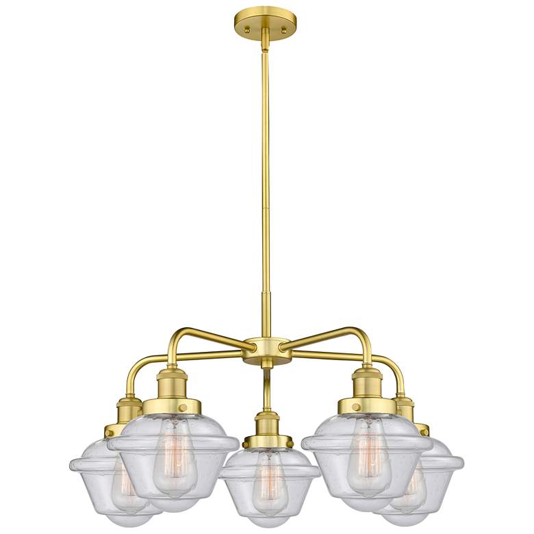 Image 1 Oxford 24.5"W 5 Light Satin Gold Stem Hung Chandelier w/ Seedy Glass S