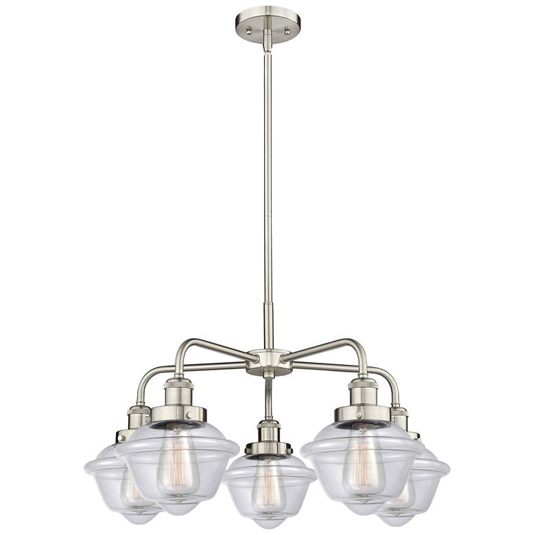 Image 1 Oxford 24.5"W 5 Light Satin Nickel Stem Hung Chandelier w/ Clear Shade