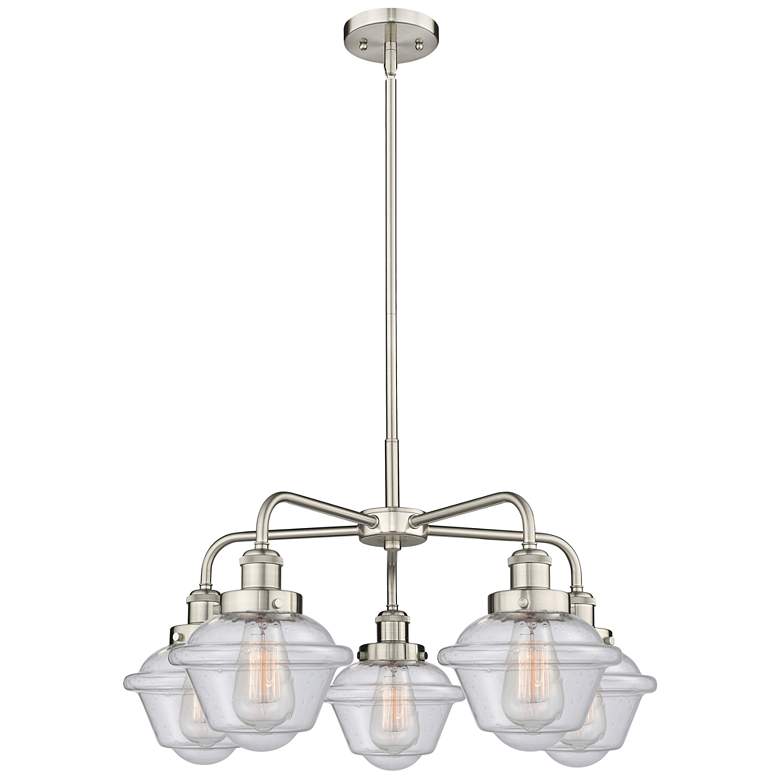 Image 1 Oxford 24.5"W 5 Light Satin Nickel Stem Hung Chandelier w/ Seedy Shade