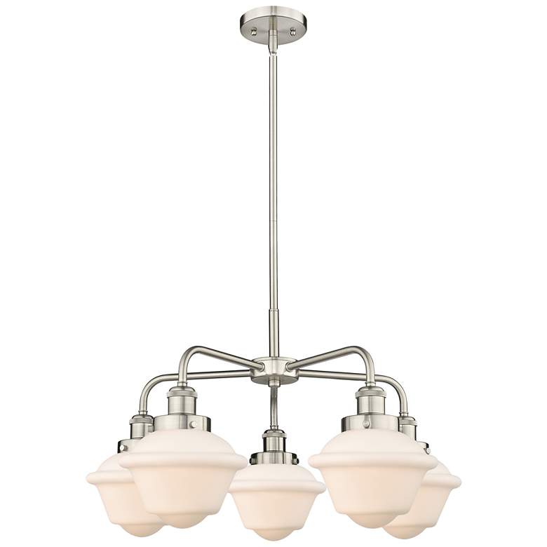 Image 1 Oxford 24.5"W 5 Light Satin Nickel Stem Hung Chandelier w/ White Shade