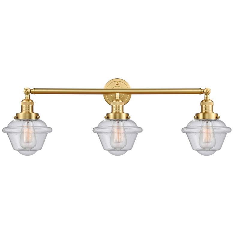 Image 1 Oxford 34" Wide 3 Light Satin Gold Bath Vanity Light w/ Seedy Shade