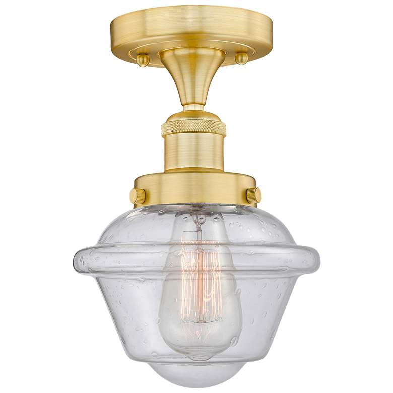 Image 1 Oxford 6.5" Wide Satin Gold Semi.Flush Mount With Seedy Glass Shade