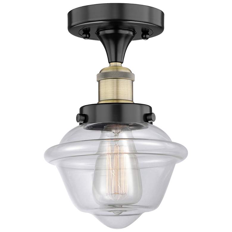 Image 1 Oxford 6.5"W Black Antique Brass Semi.Flush Mount With Clear Glass Sha
