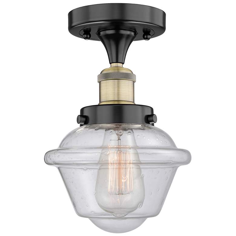 Image 1 Oxford 6.5"W Black Antique Brass Semi.Flush Mount With Seedy Glass Sha