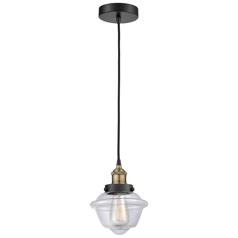 Image 1 Oxford 7.25" Wide Black Brass Corded Mini Pendant With Clear Shade