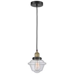 Oxford 7.25&quot; Wide Black Brass Corded Mini Pendant With Seedy Shade