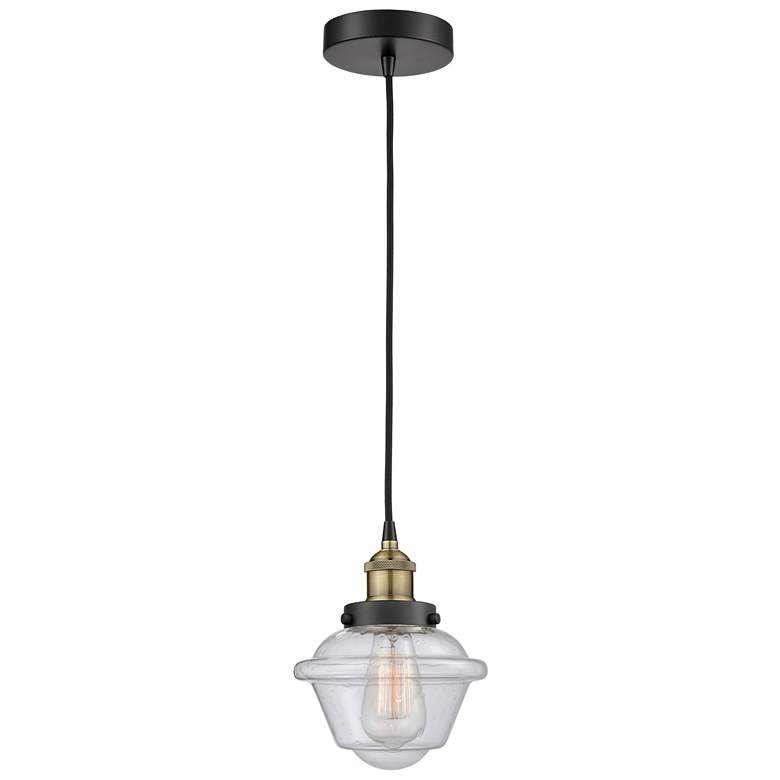 Image 1 Oxford 7.25 inch Wide Black Brass Corded Mini Pendant With Seedy Shade